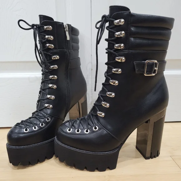 Dolls Kill Punk Goth Azalea Wang Mel Black Lace Up Buckle Mel Ankle Boots 9 New - Picture 7 of 10